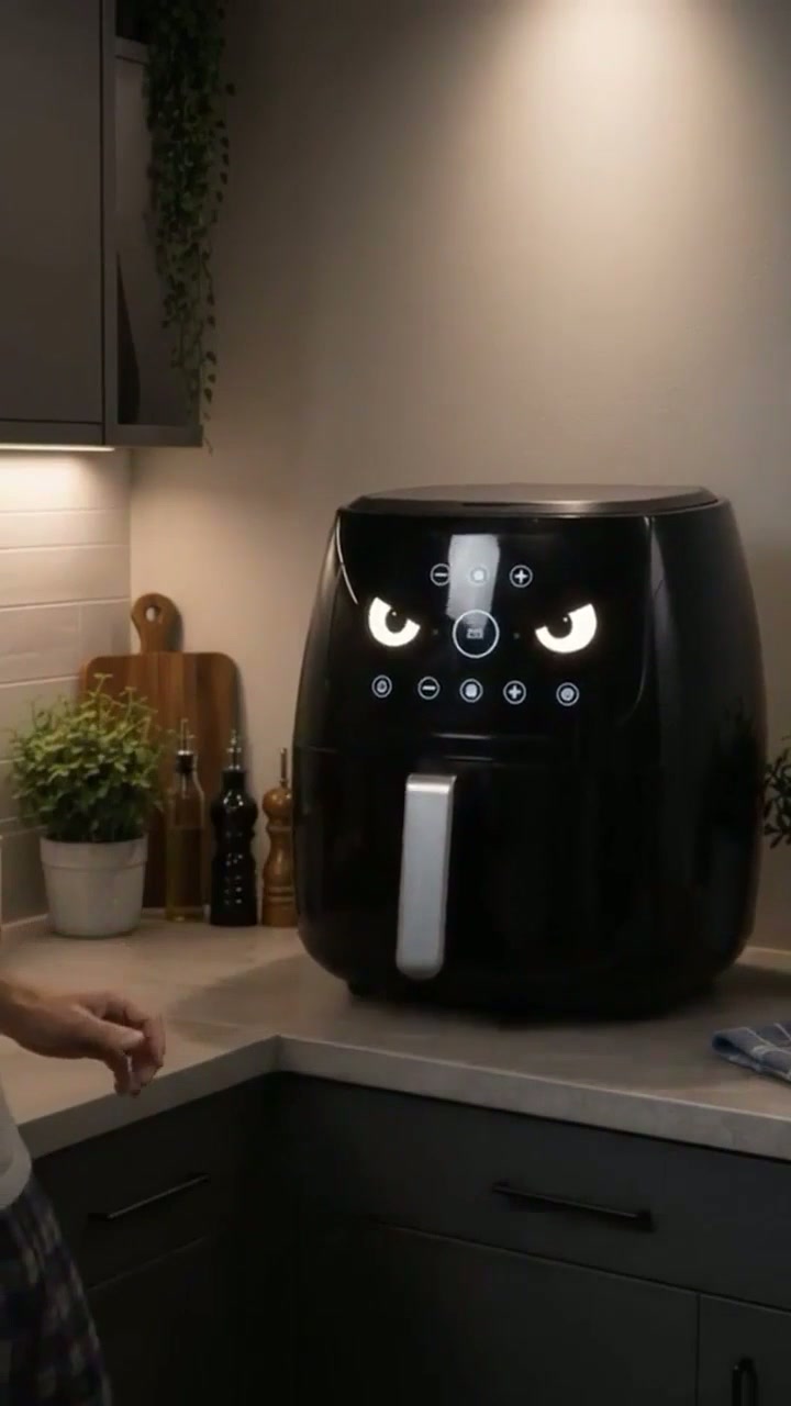 Air fryer presented front-on as a bold product-payoff frame