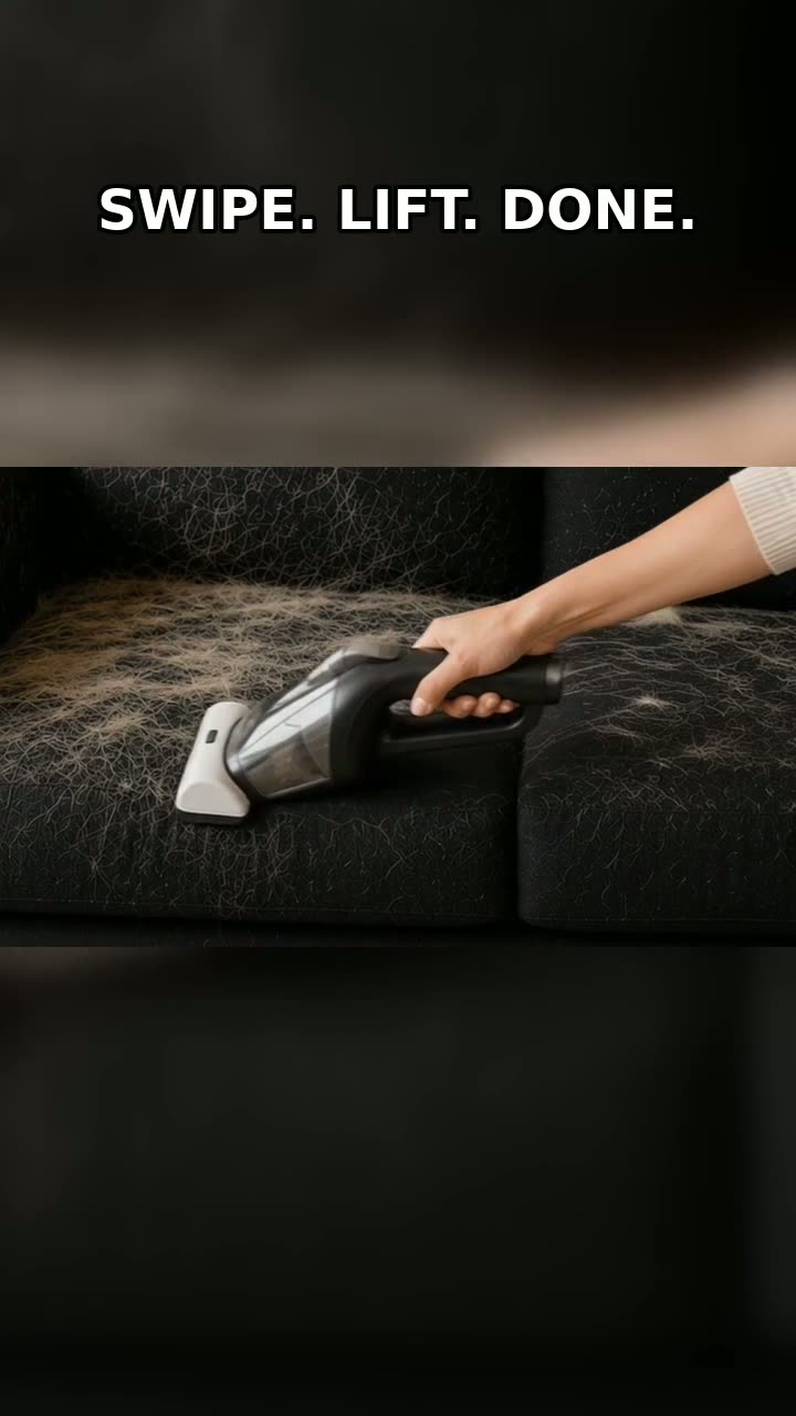 Pet hair lifted from a dark sofa — satisfying demo frame